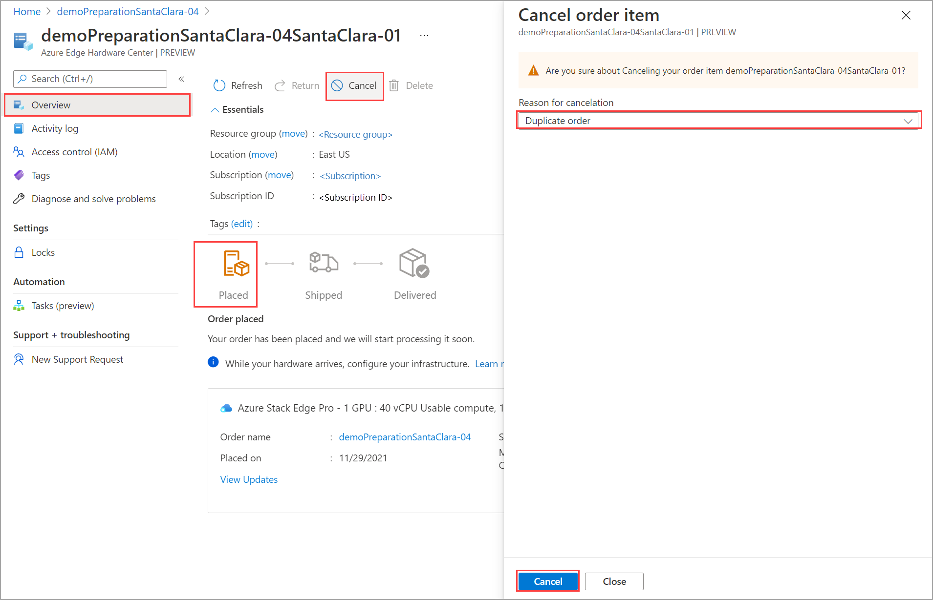 Screenshot showing how to cancel an order from list of Edge Hardware Center orders.