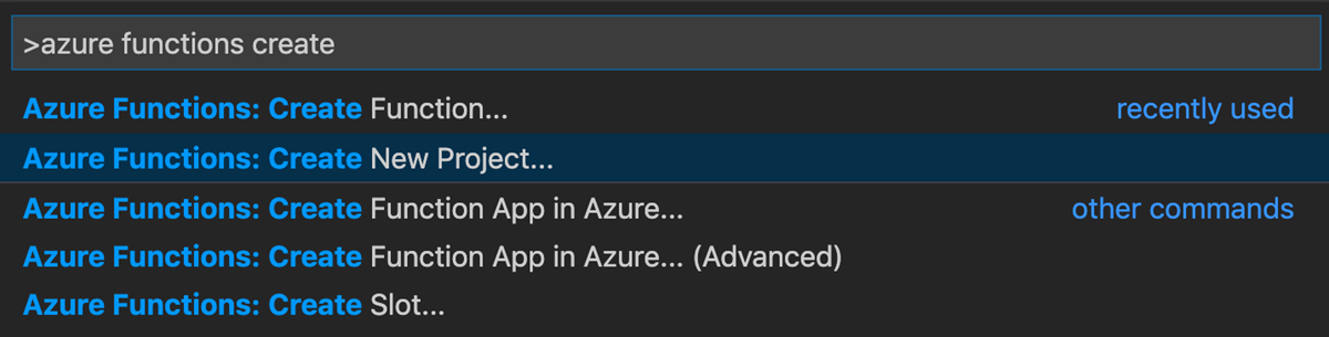 Screenshot that shows the Visual Studio Code command palette, with Azure Functions Create New Project highlighted.