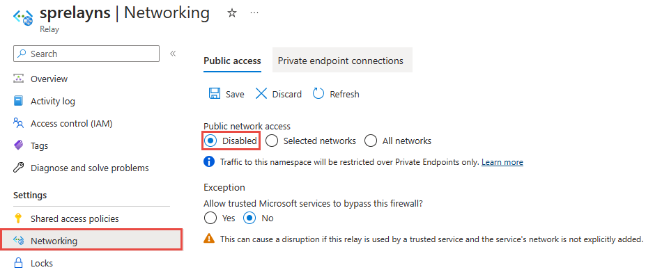Screenshot of the Networking page with public network access as Disabled.