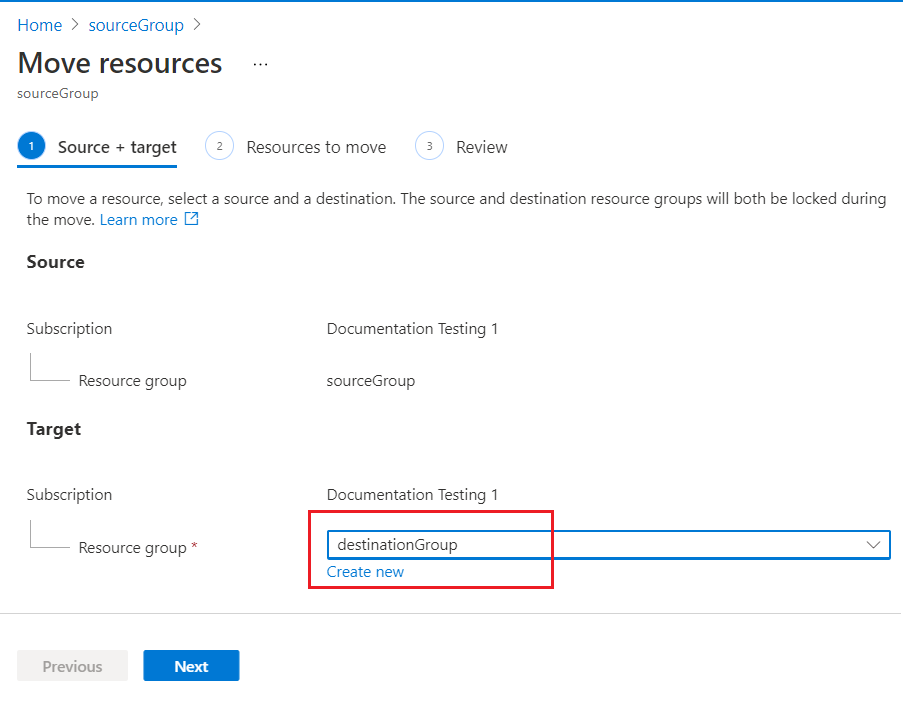 Screenshot of the Azure portal where the user specifies the destination resource group for the move operation.