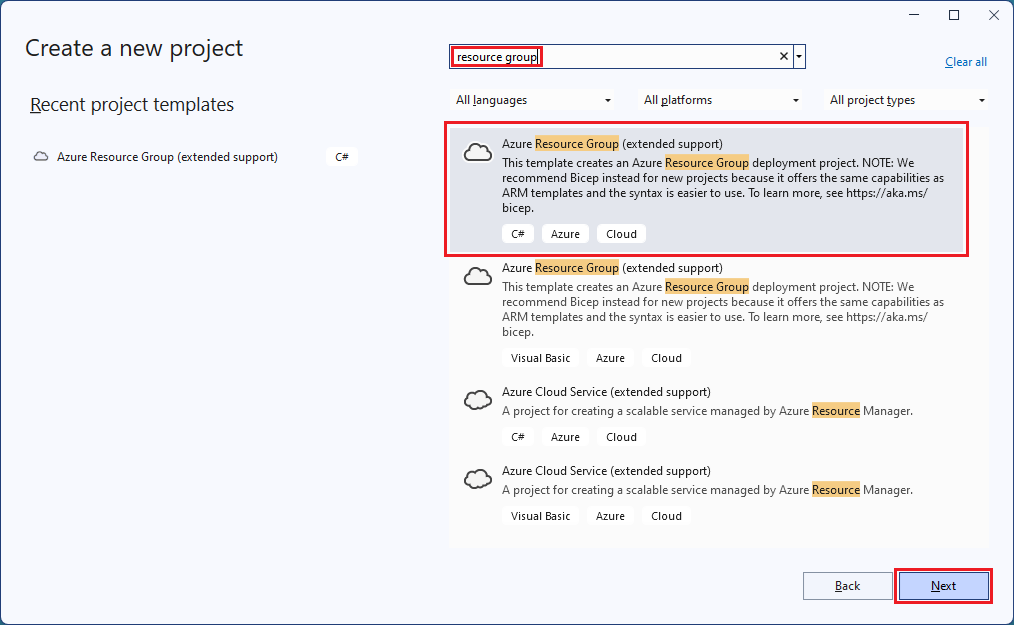 Screenshot of Create a new project window highlighting Azure Resource Group and Next button.