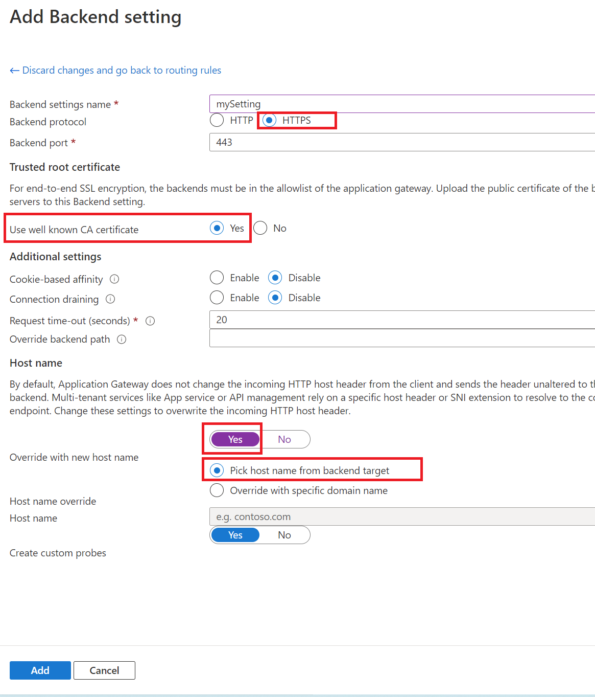 Screenshot of setting up the application gateway backend setting for the SignalR Service.