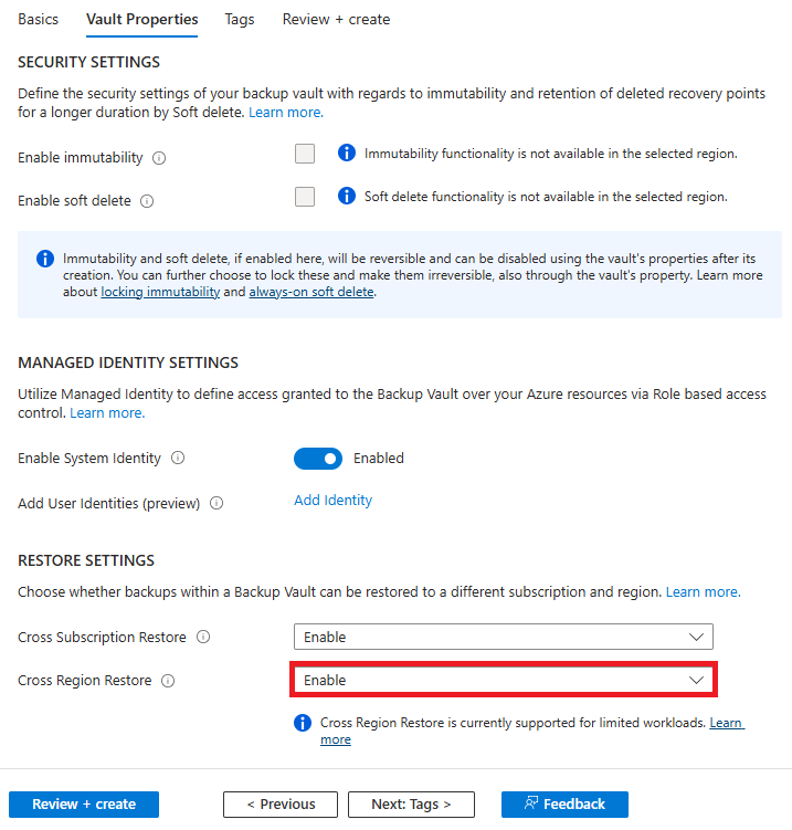 Screenshot shows how to enable the Cross Region Restore parameter.