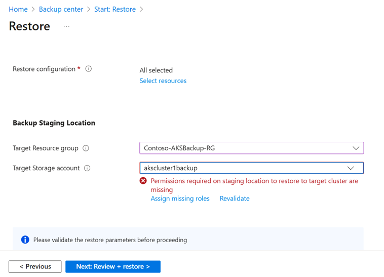 Screenshot shows the storage parameter to add for restore from Vault-standard storage.