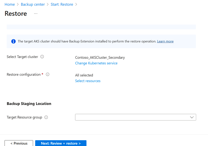 Screenshot shows the parameters to add for restore from Vault-standard storage.