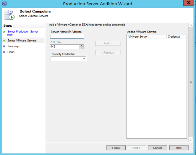 Screenshot shows how to specify the VMware server.