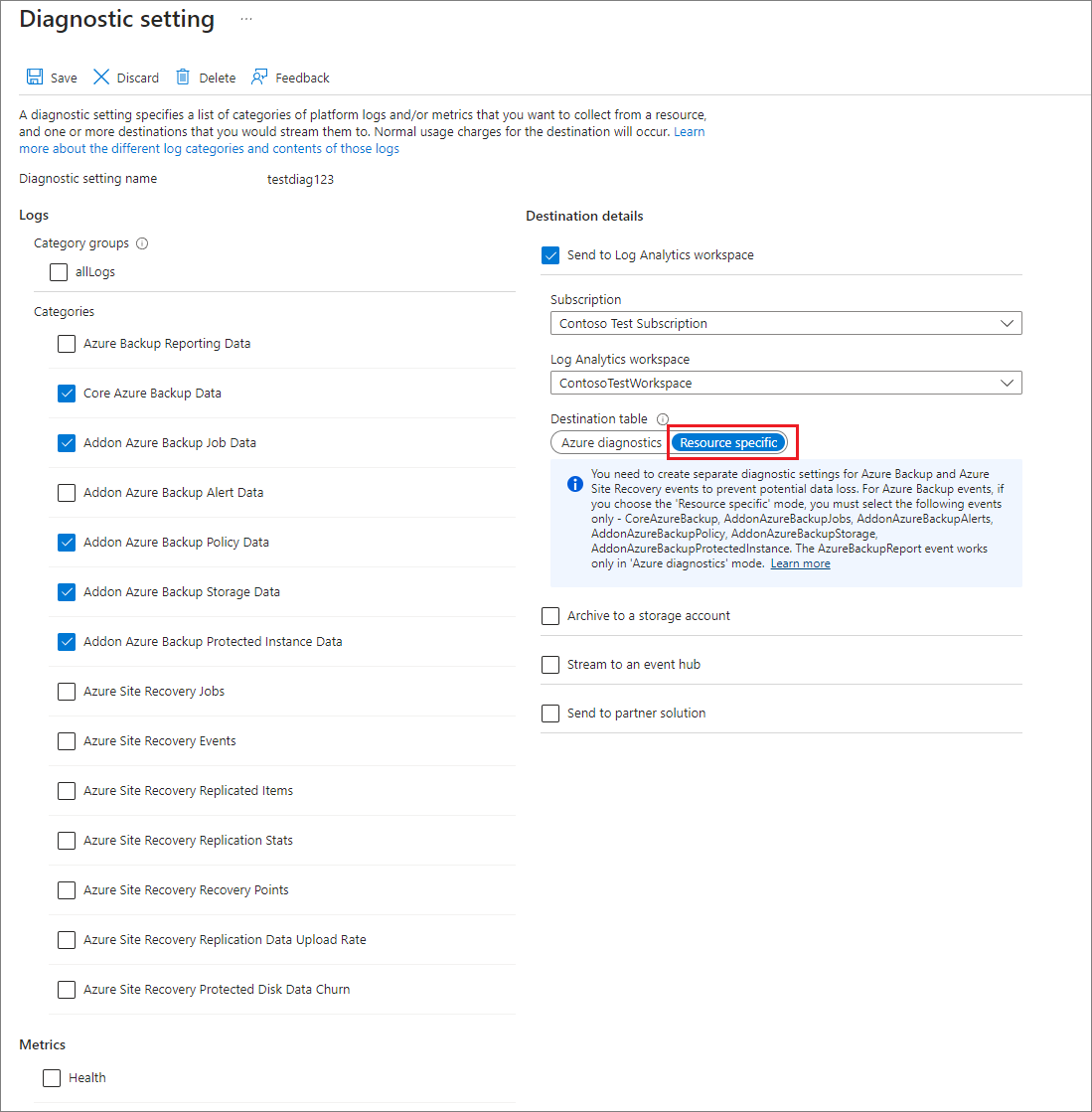 Screenshot shows the recovery services vault diagnostics settings.