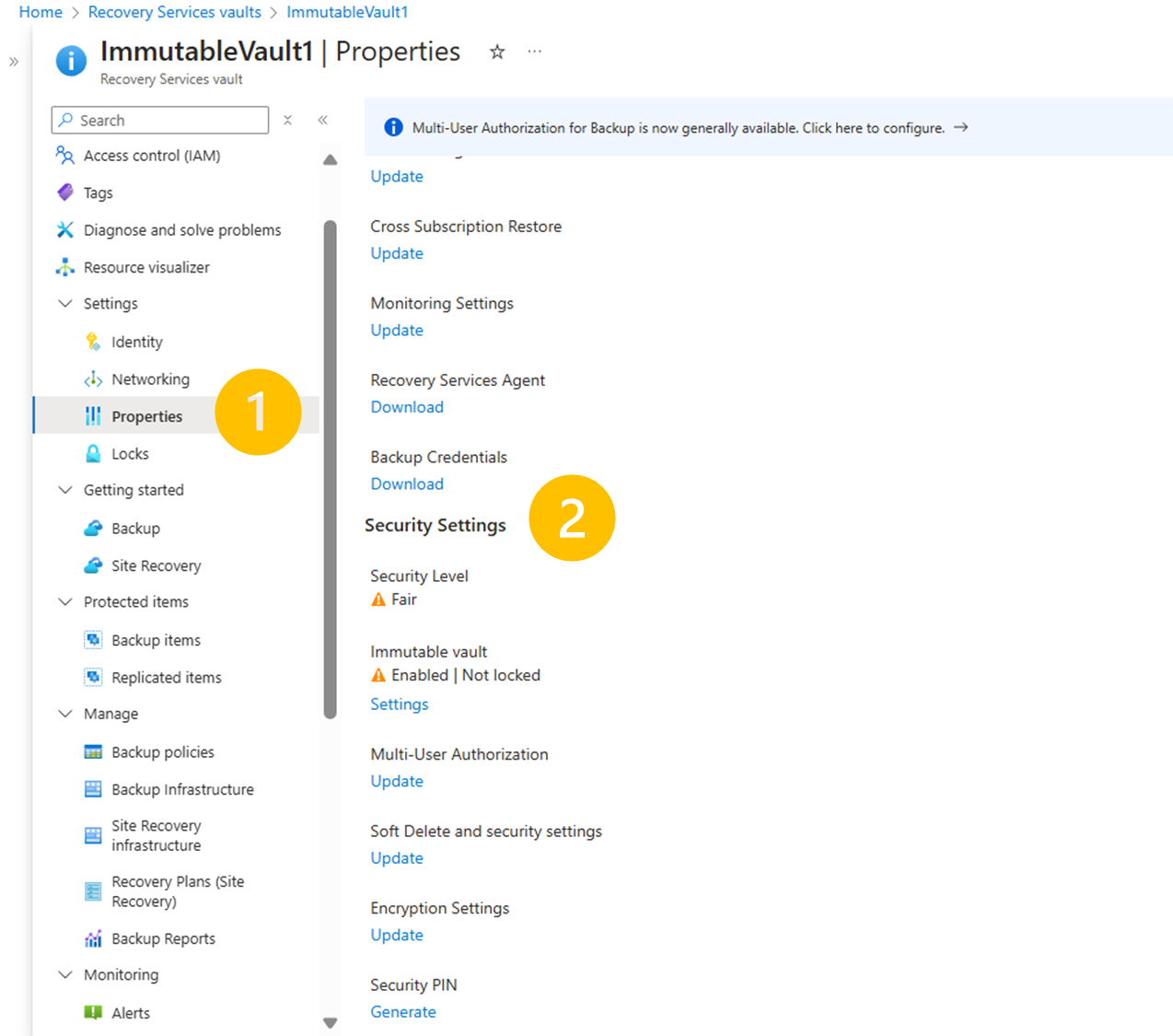 Screenshot showing how to open the Immutable vault settings to disable.