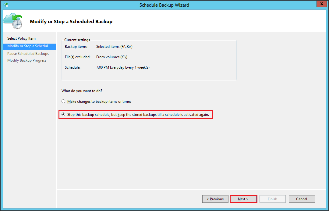 Screenshot shows how to stop a scheduled backup.