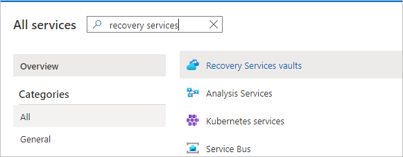 Screenshot showing to enter and choose Recovery Services vaults.