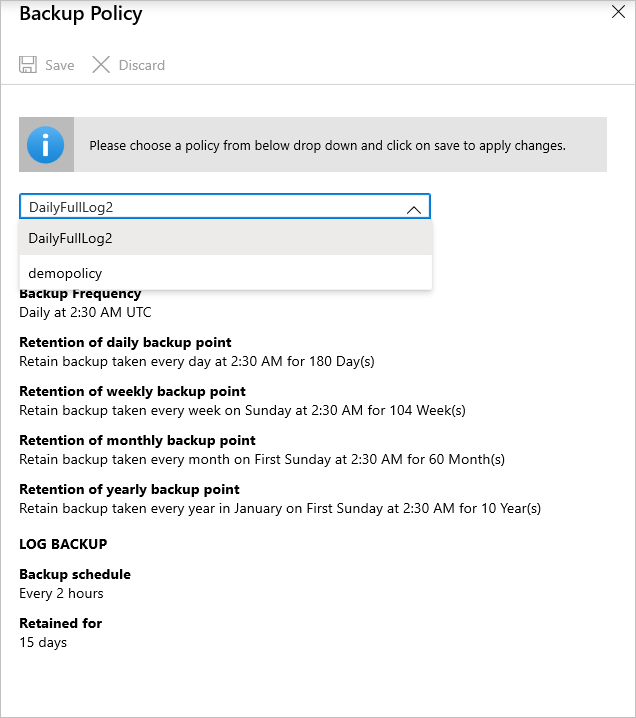 Screenshot that shows the dropdown list for changing the backup policy.