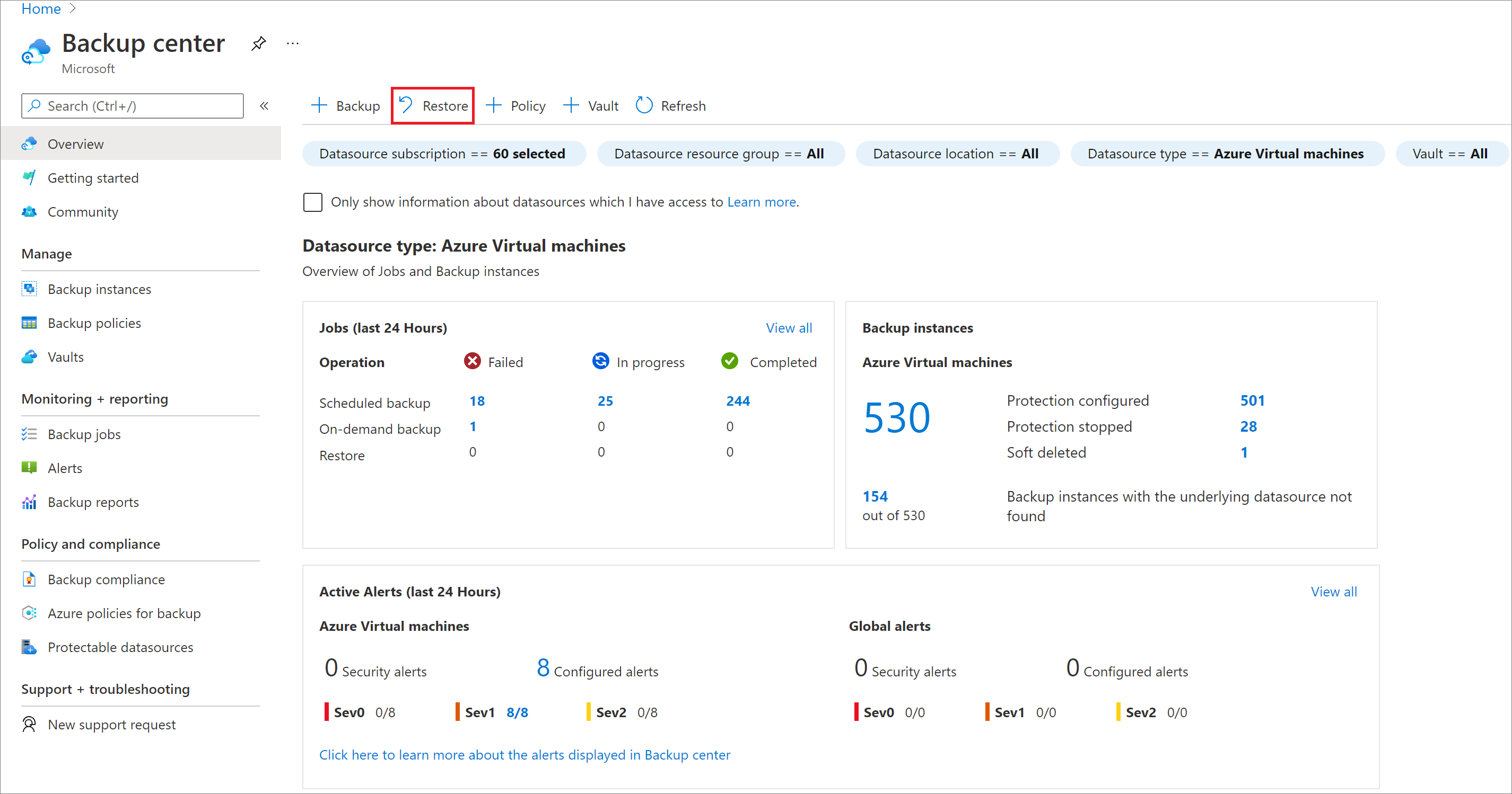 Screenshot that shows where to start restoring an SAP HANA database.