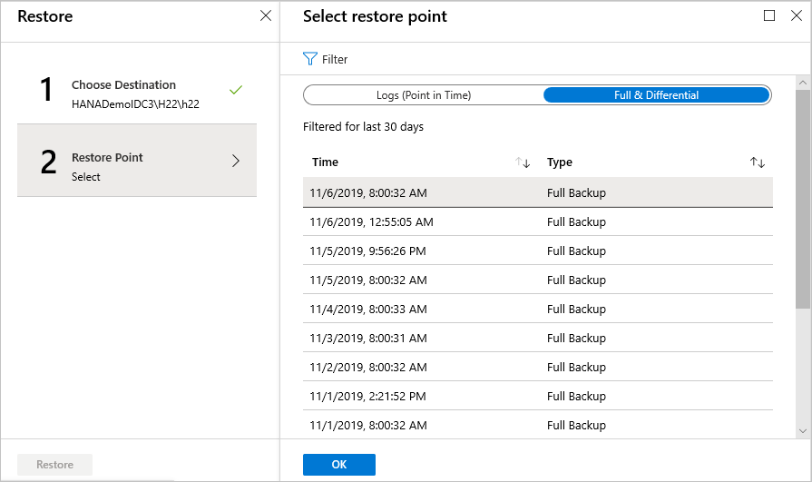 Screenshot that shows where to select a specific recovery point.