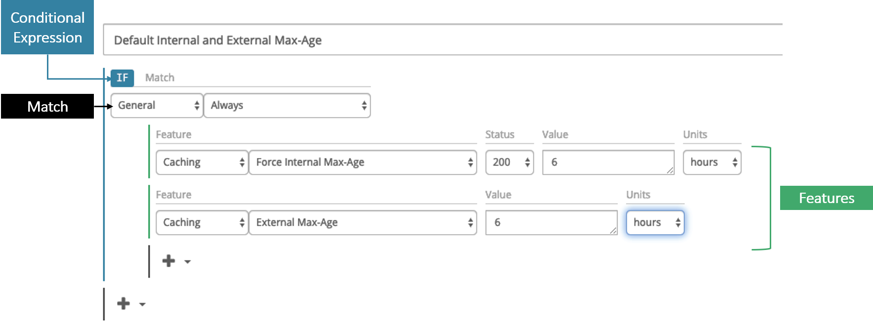 Screenshot with labels shows the Conditional Expression, the Match, and the Features of a rule.