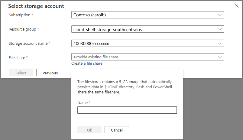 Screenshot showing the select storage account prompt.