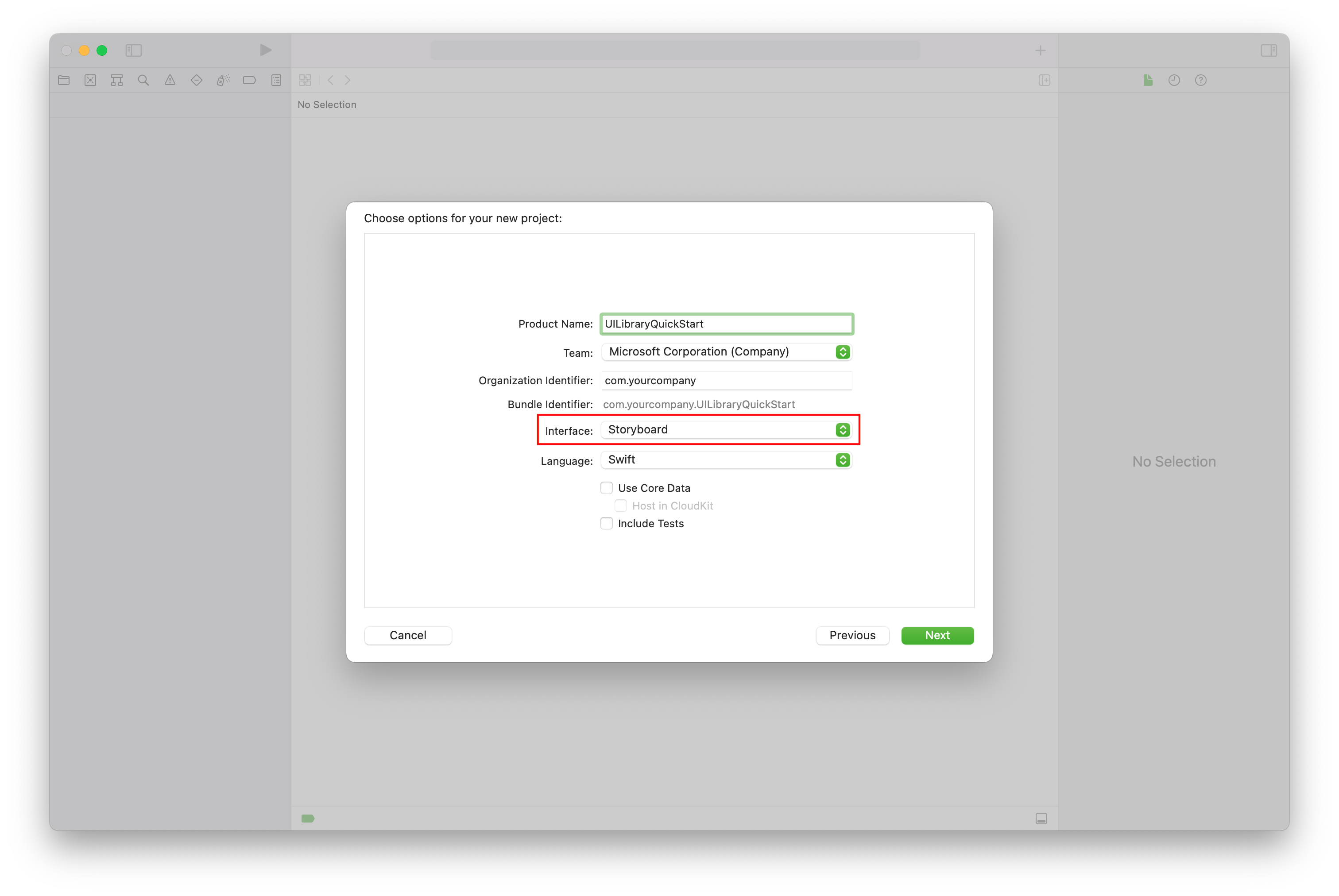 Screenshot that shows setting new project options in Xcode.