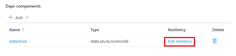Screenshot showing how you can edit existing resiliency policies for the applicable Dapr component.