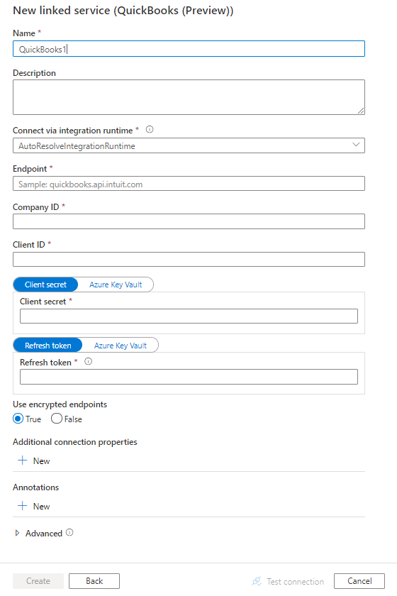 Screenshot of linked service configuration for QuickBooks.