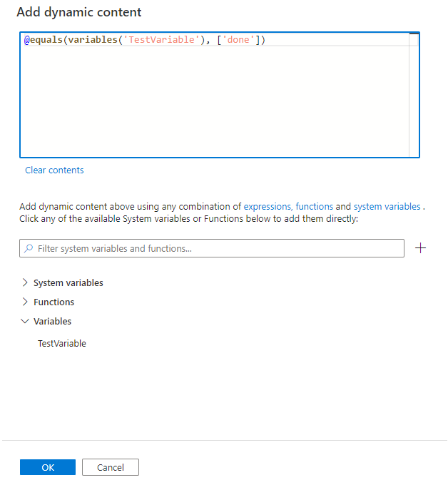 Shows the &nbsp;Add dynamic content&nbsp; pane with an expression to check a variable for a defined value.