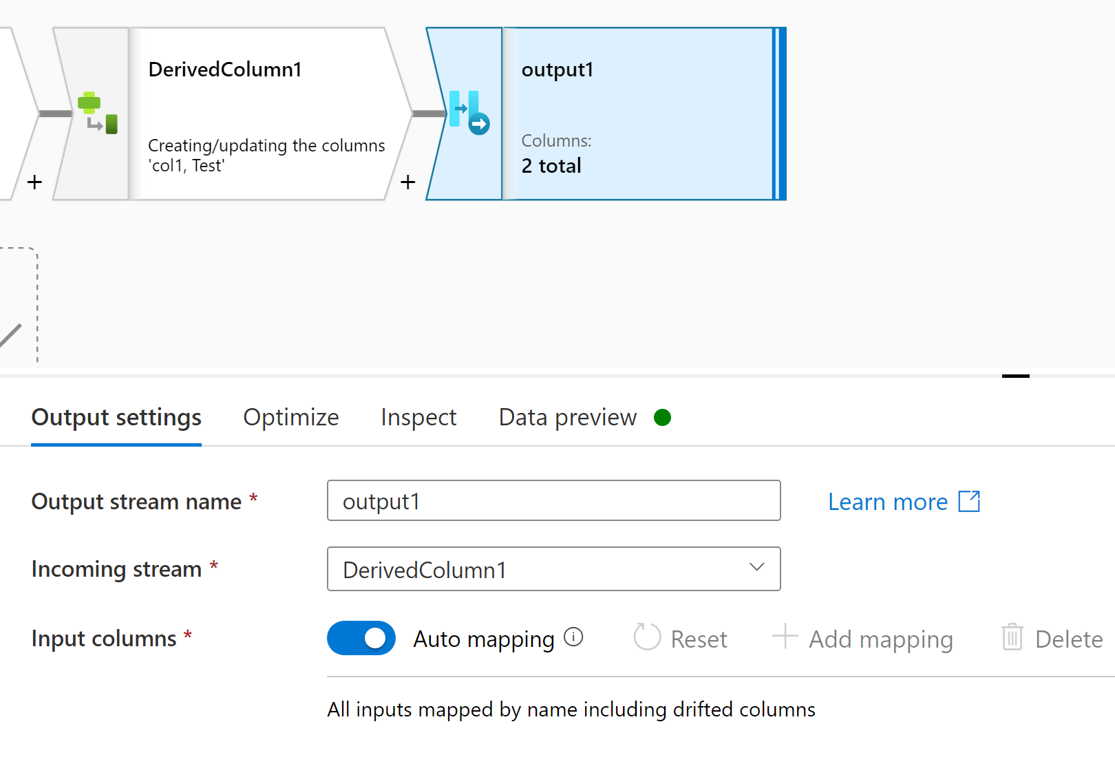 Screenshot showing flowlet output configuration properties panel.