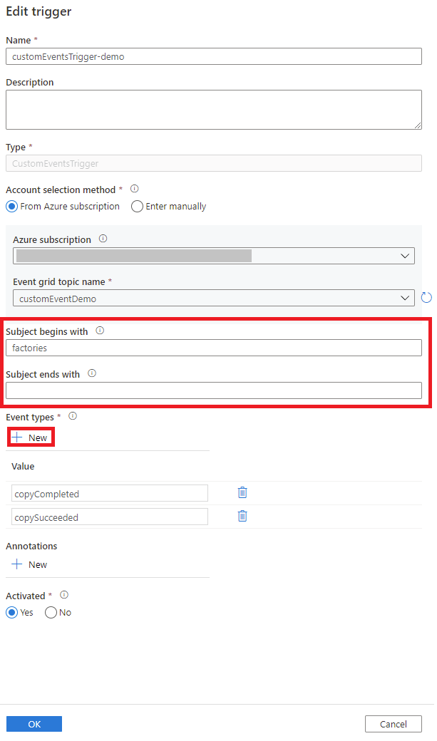 Screenshot that shows the Edit trigger page to explain Event types and Subject filtering in the Data Factory UI.