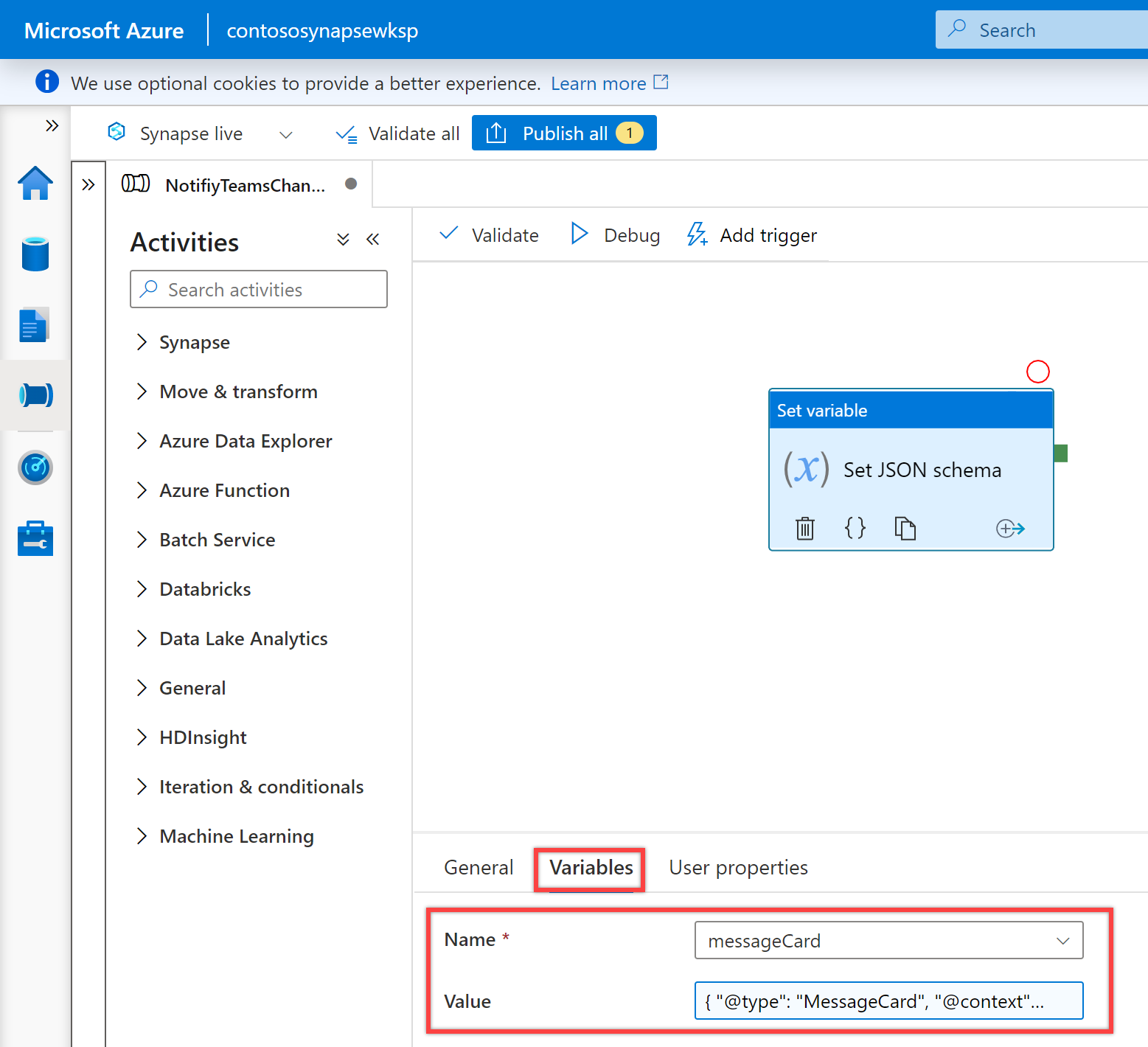 Shows the &quot;Set variable&quot; activity variables tab.