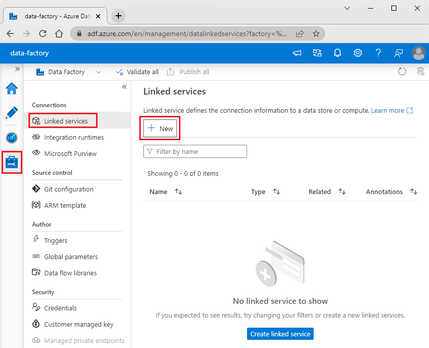 Screenshot of the Manage hub in Azure Data Factory Studio, with the New linked service button highlighted.