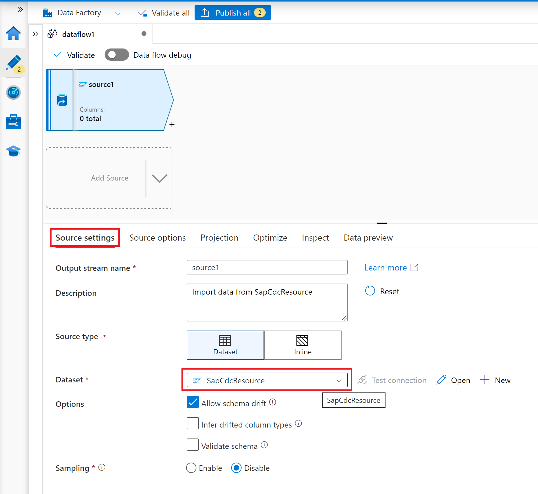 Screenshot of the select dataset option in source settings of mapping data flow source.