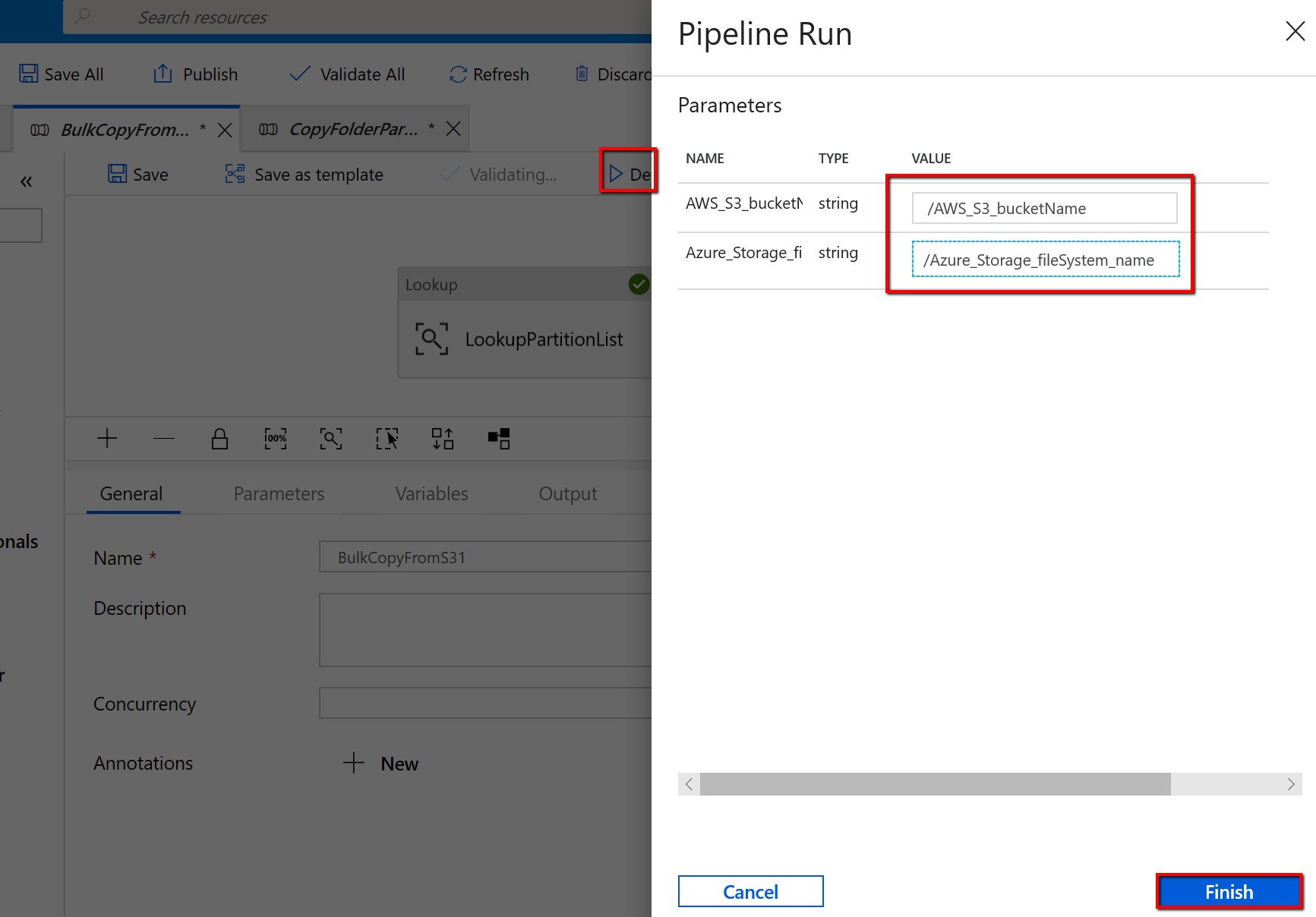 Screenshot that shows where to select Debug and enter the parameters before you select Finish.