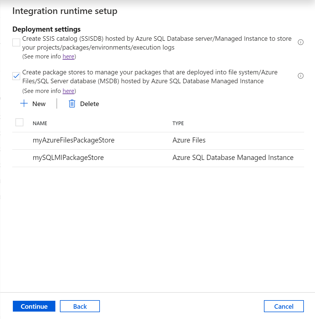 Deployment settings for MSDB/file system/Azure Files