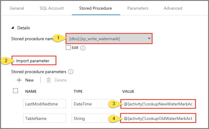 Stored Procedure Activity - stored procedure settings