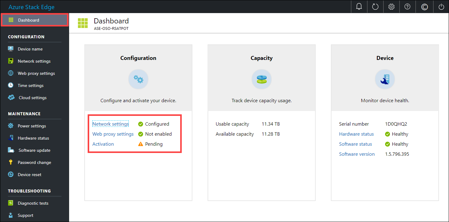 Local web UI "Dashboard" page