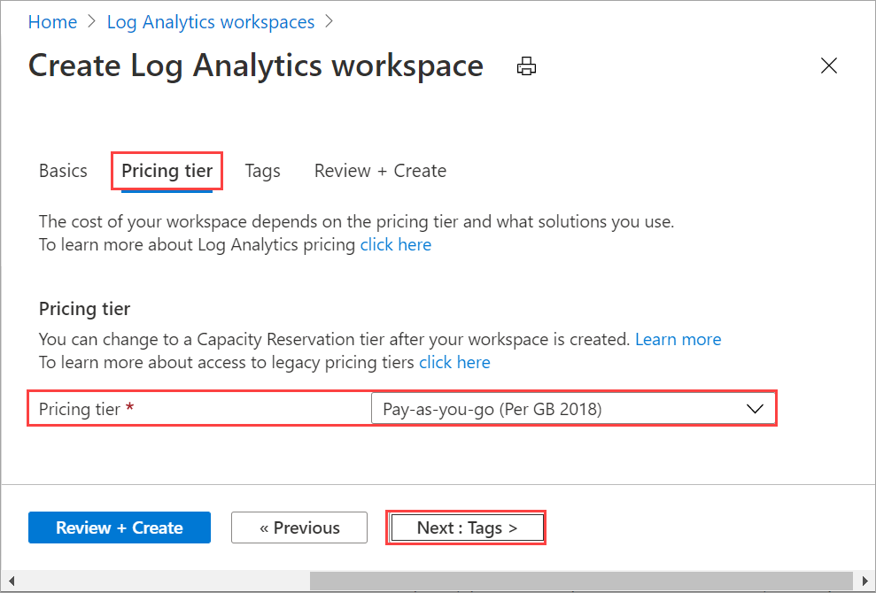 Pricing tab for Log Analytics workspace