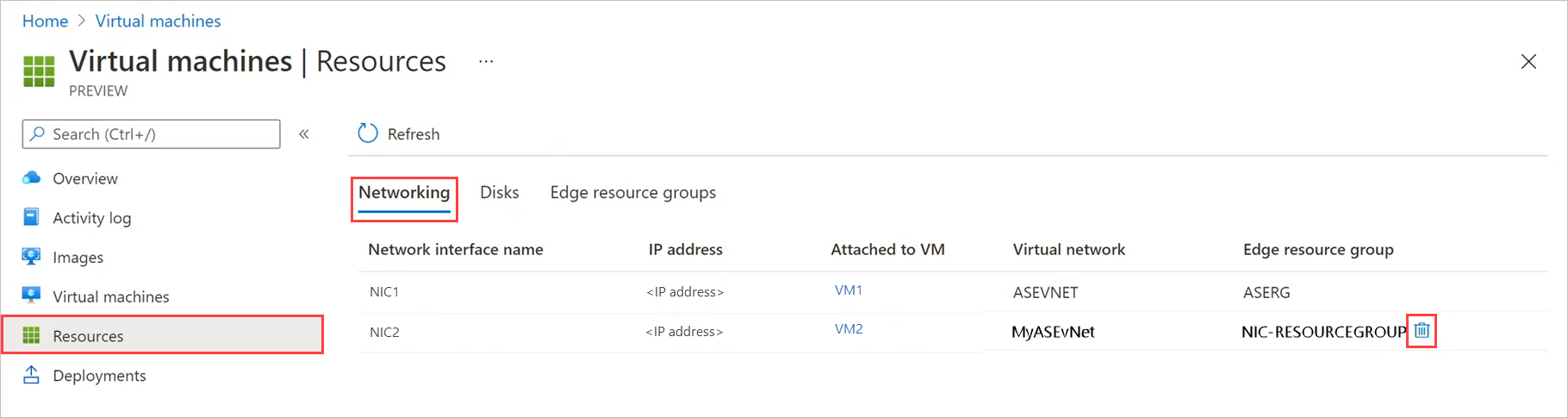 Screenshot showing the Networking blade in virtual machine resources. The delete icon for an unattached network interface is highlighted.