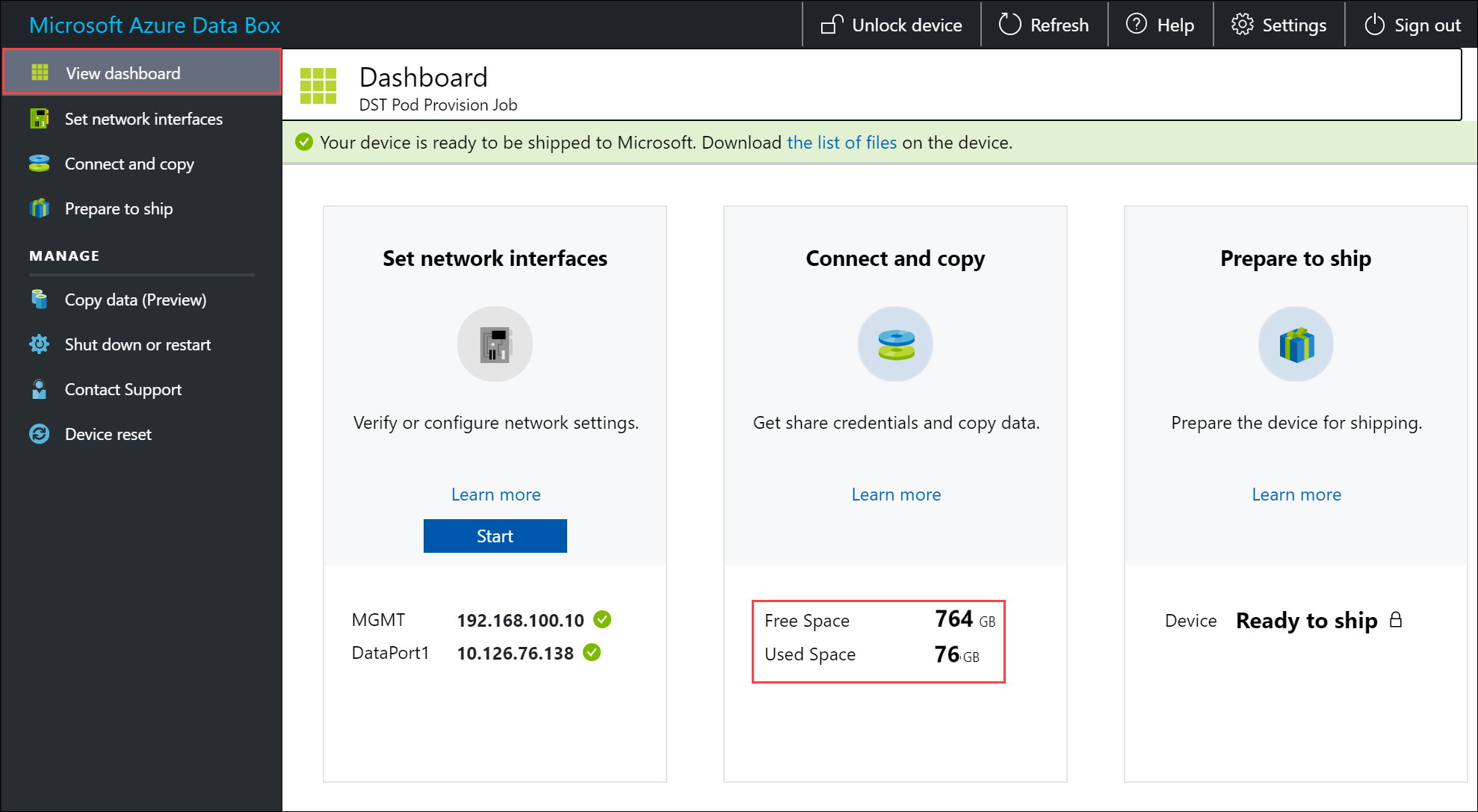 Verify free and used space on dashboard