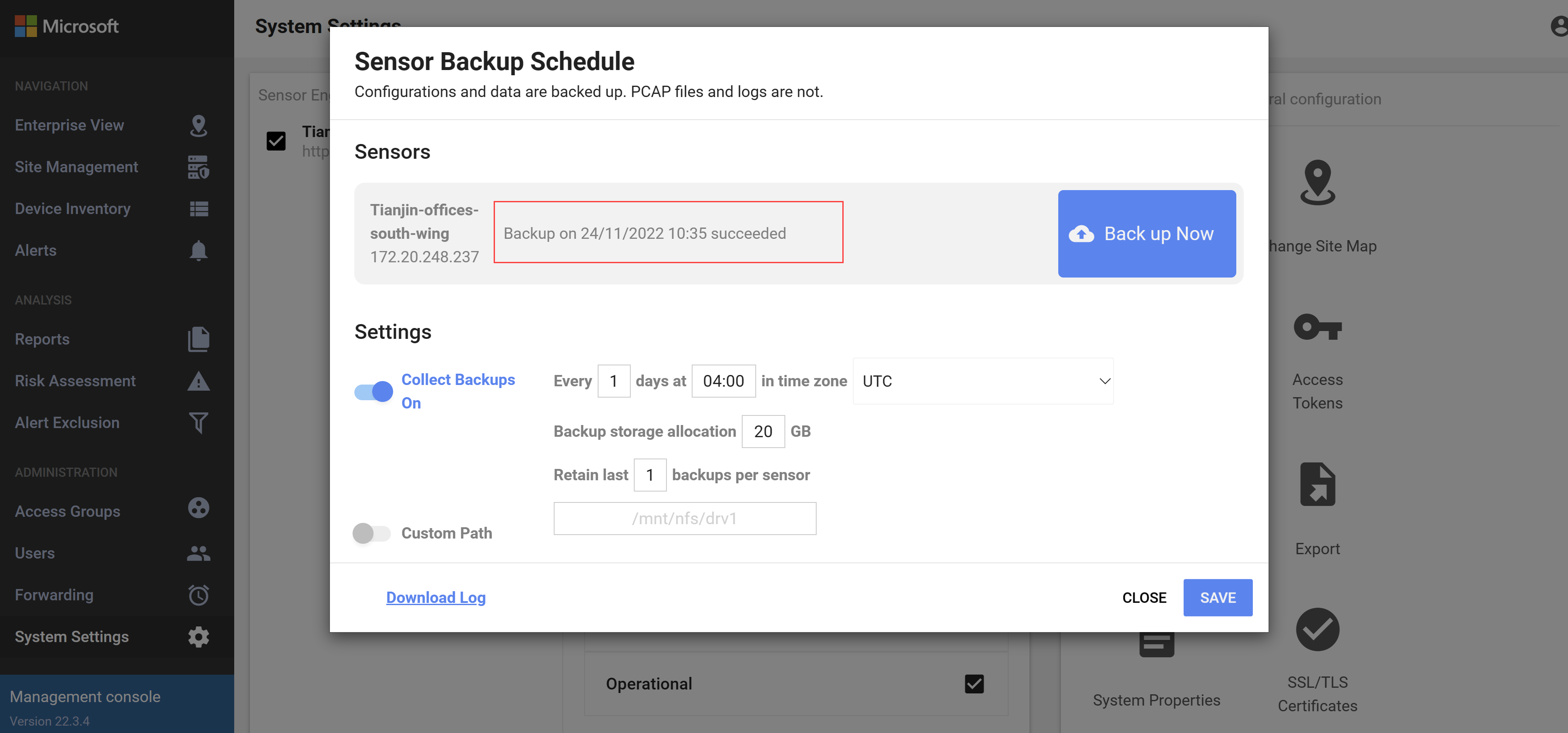 Screenshot of the Sensor Backup Schedule dialog.