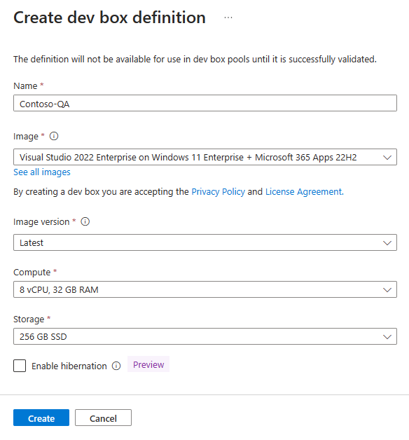 Screenshot that shows the pane for creating a dev box definition.