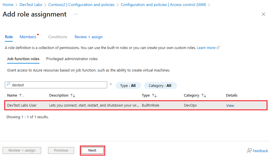 Screenshot that shows the Add role assignment page with the Role tab selected.