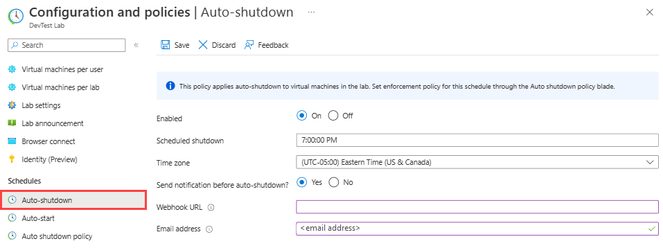 Screenshot showing setting auto shutdown details for a virtual machine.