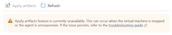 Screenshot of the message that shows artifacts can't be applied to the DevTest Labs virtual machine.