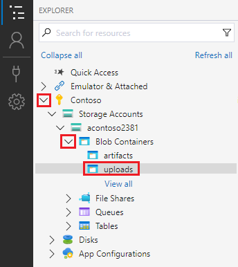 Screenshot that shows the expanded Blob Containers node with the uploads directory.