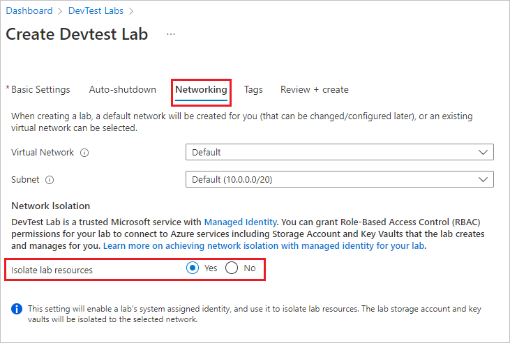 Screenshot that shows enabling network isolation for the default network.