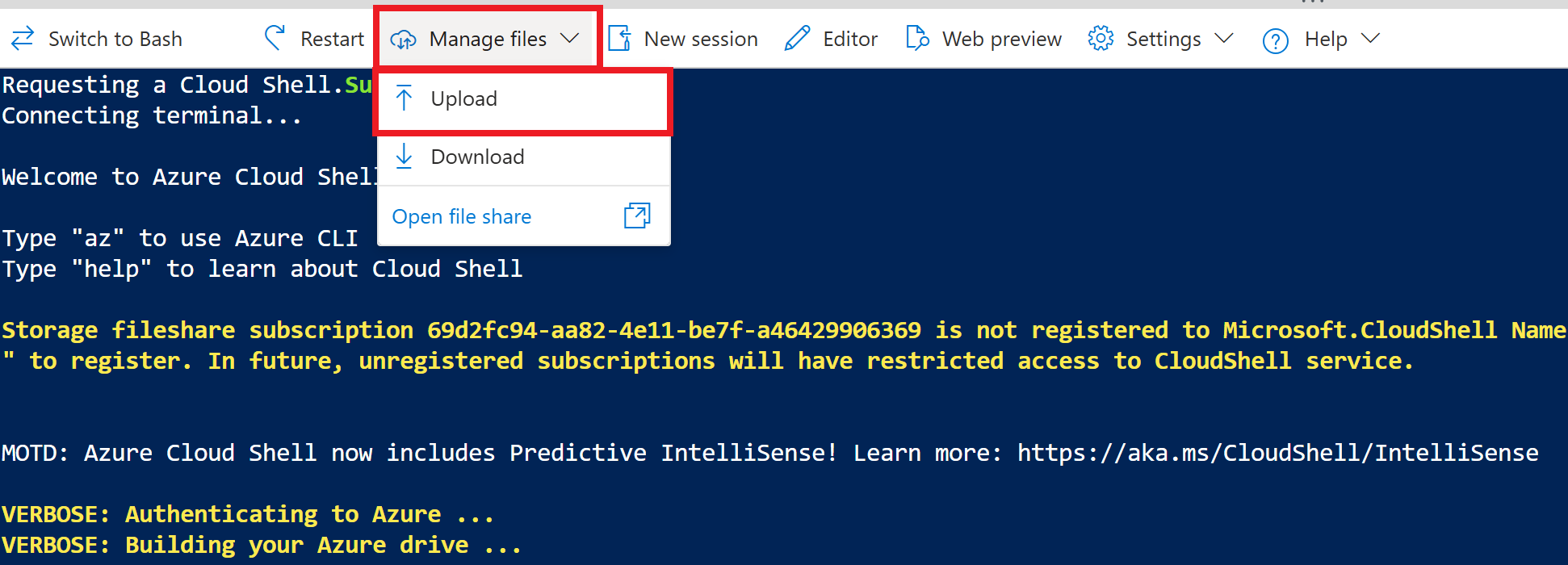 Screenshot of Azure Cloud Shell. The Upload icon is highlighted.