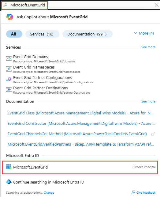 Screenshot that shows the selection of Microsoft Event Grid from the drop-down list.