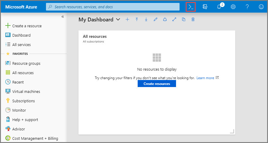 Screenshot of Azure portal showing the selection of Cloud Shell button.