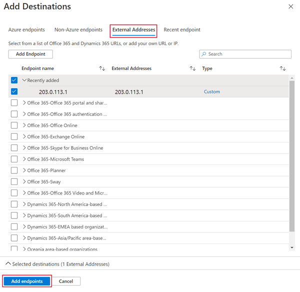 Screenshot of adding external destination endpoints.