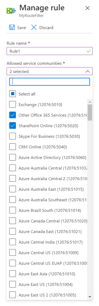 Screenshot showing the Manage rule window with services selected in the Allowed service communities drop-down list.