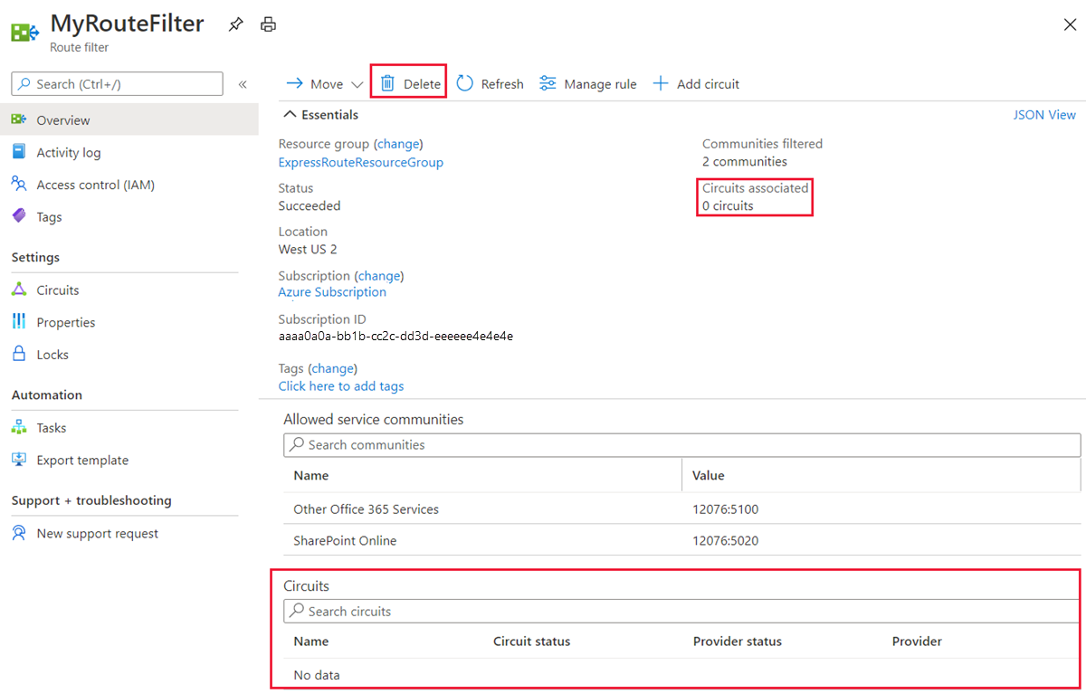 Screenshot showing how to delete a route filter.