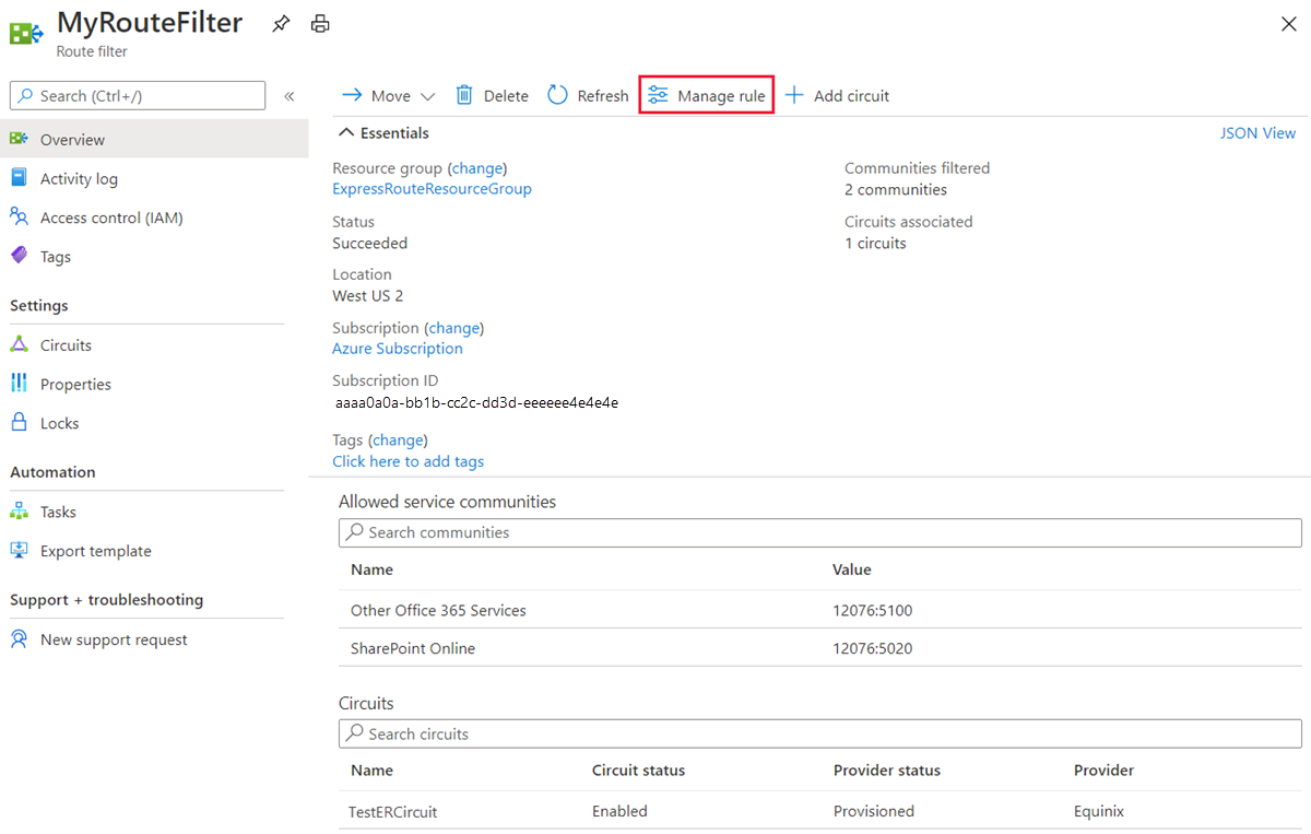 Screenshot showing how to update Route filters with the Manage rule action.