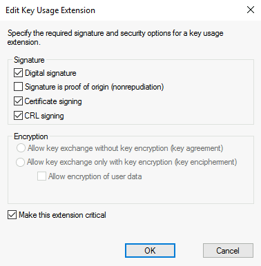 Screenshot of certificate template key usage extensions.